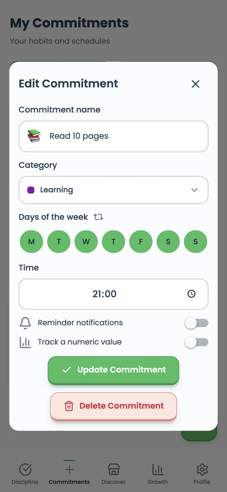 Emma’s Read 10 pages habit, scheduled for 21:00, with all seven days on one row