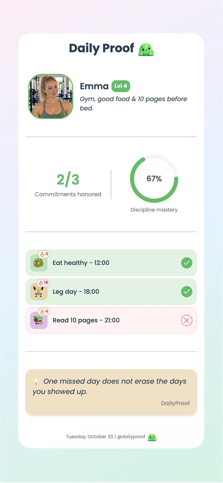 Emma’s Daily Proof with her portrait, two of three habits completed and the same meal, gym and reading routine