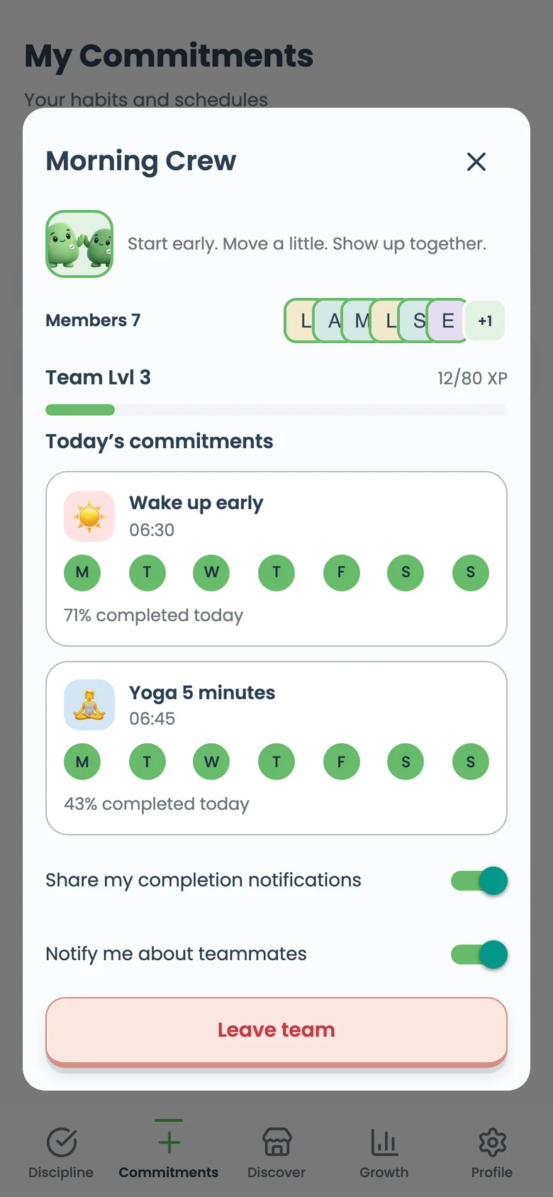 Morning crew, a level-three private team with a team logo, Wake up early at 06:30, Yoga 5 minutes at 06:45 and today’s completion percentage for each habit