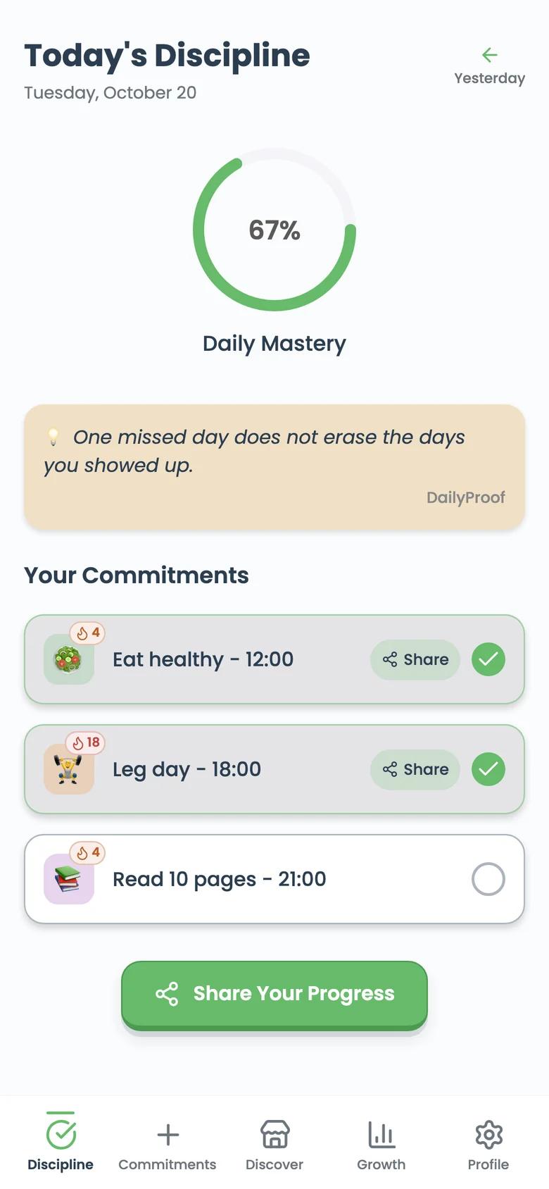 Emma’s tracker with Eat healthy at 12:00 and Leg day at 18:00 completed, and Read 10 pages at 21:00 still to do
